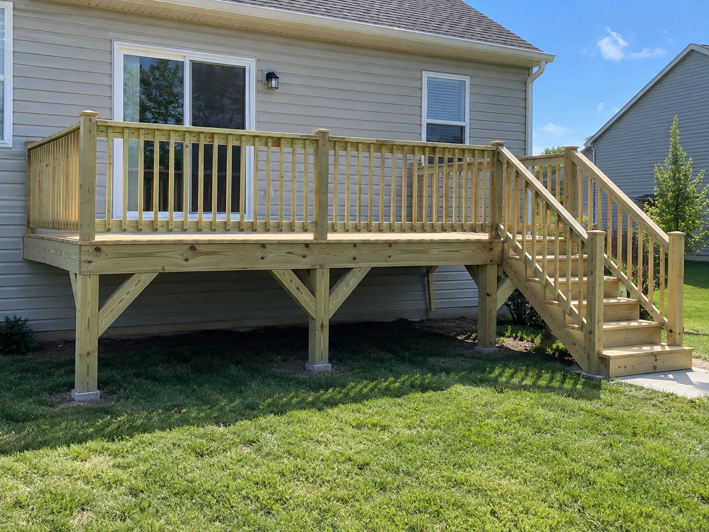 Finished treated wood deck with wood spindles
